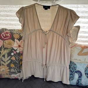 BABYDOLL PEASANT BLOUSE Size S Beige Flutter Sleeve Deep V Neck Boho Minimalist